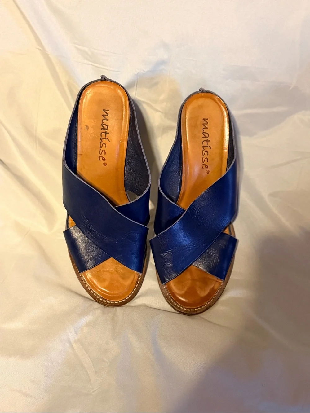 Matisse Navy Blue Genuine Leather Cross Strap Wedge Slide Sandals 7.5 Brazil